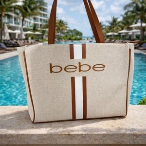 Bebe Canvas Tote Bag Beige Brown Logo Shopper Large Everyday Carryall NWT
